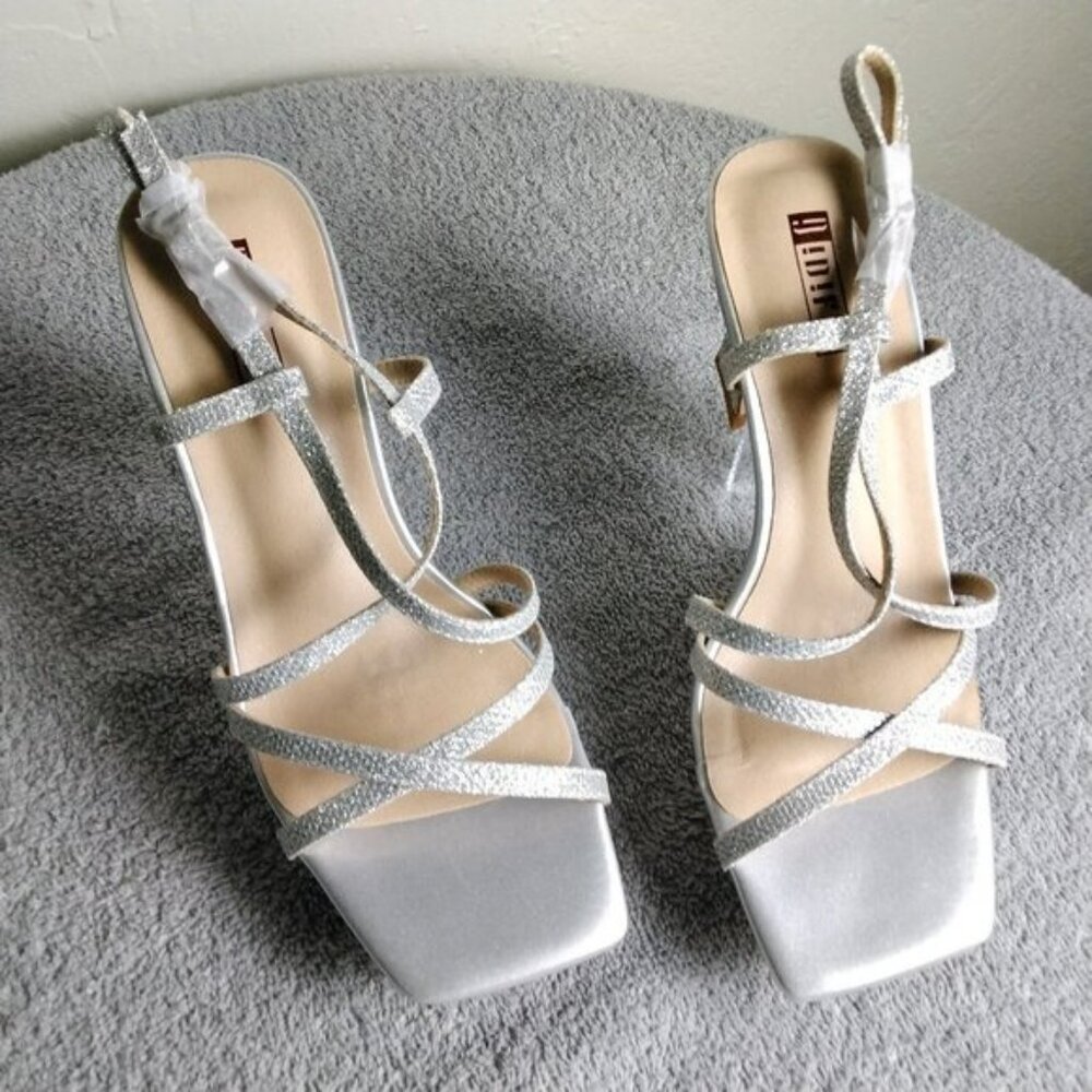 ✨ IDIFU Silver Glitter Strappy Block Heel Sandals Size 7 Slingback Sexy Dress